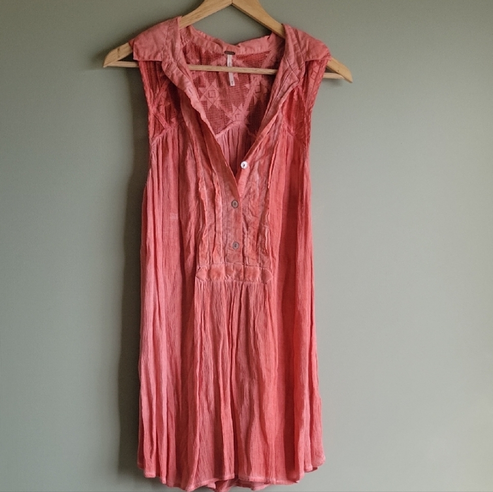 Free People Coral Gauze Acid Wash Tunic Size M